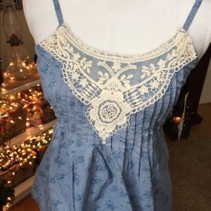 Mudd Blue & Cream Lace Embelishment Tank Top